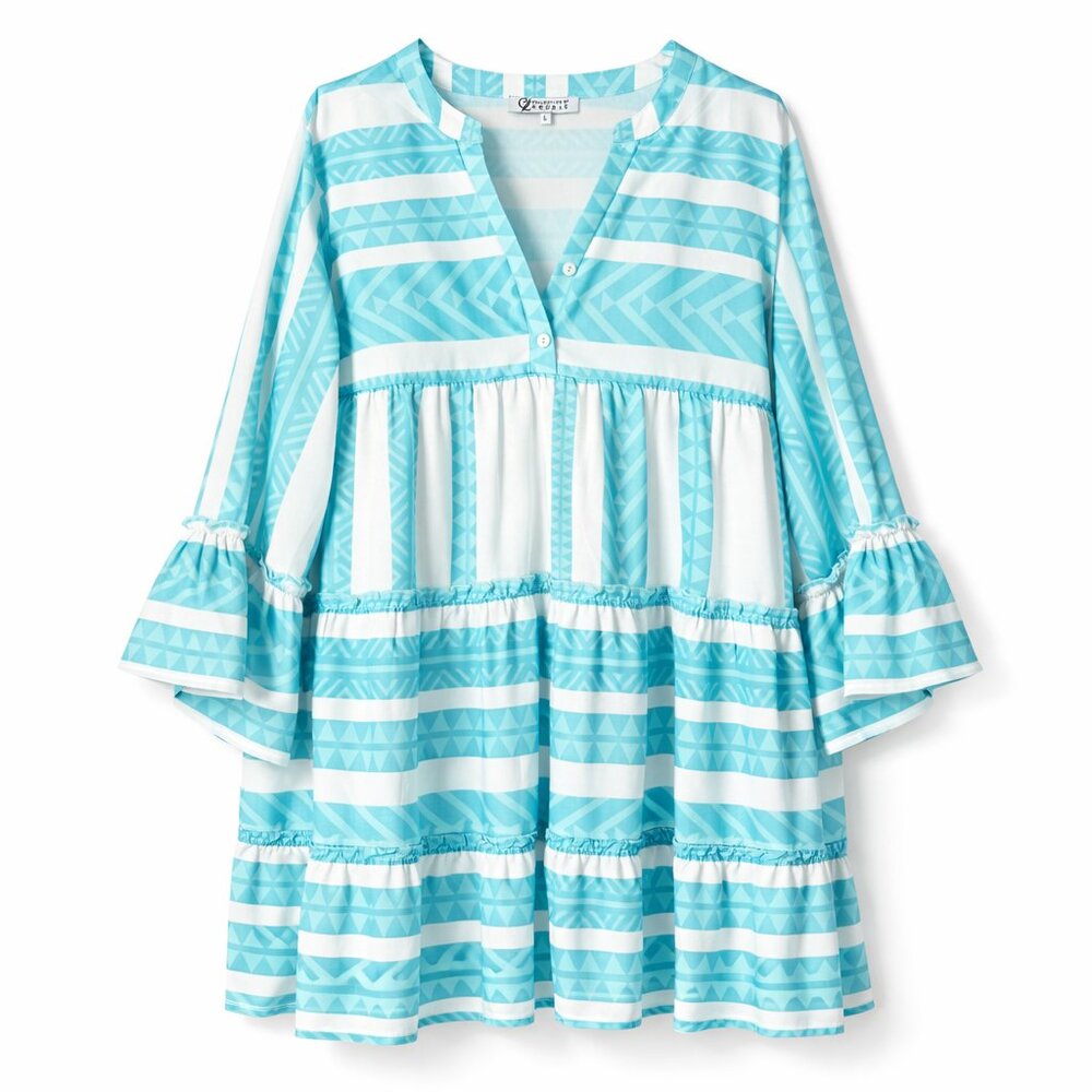 Light Blue & White Striped Tiered Long Sleeve Dress